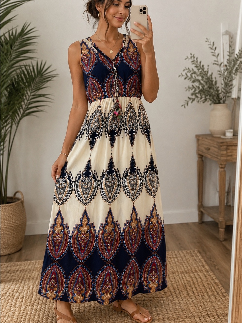 Sleeveless Navy and Cream Boho Print Maxi Dress